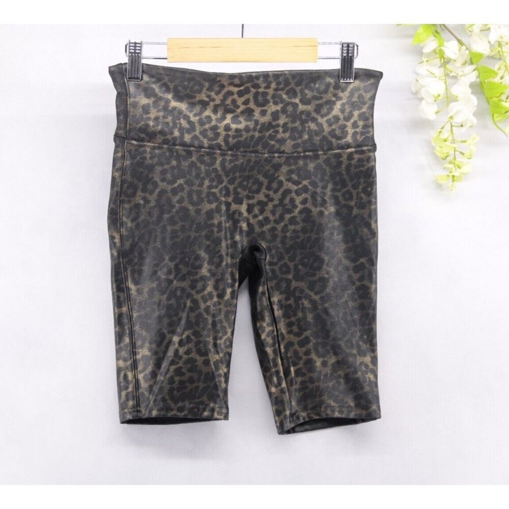 Spanx Women's Faux Leather Leopard Animal Print Biker Shorts High Waist Sz S